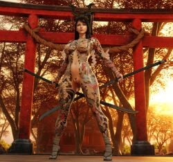 1girls 3d casual confident confidently_naked female female_pubic_hair footwear irezumi long_hair looking_at_viewer nipples no_bra no_panties nude nudist pale_skin shinto_shrine shrine skyarsenic solo sword tattoo tattoos weapon