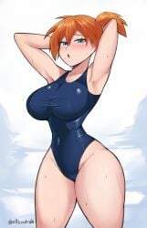 1girls allbeatnik armpits arms_behind_back big_breasts blue_eyes blue_swimsuit blush breasts female female_only game_freak hands_behind_head hips huge_breasts kasumi_(pokemon) one-piece_swimsuit orange_hair pokemon pokemon_rgby solo solo_female sweat sweatdrop swimsuit swimwear thighs wide_hips