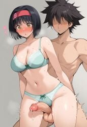 1boy 1girls ai_generated balls big_penis bra clothed_female_nude_male cock_shock erika_(pokemon) female gastkeser82 green_bra green_panties hair medium_breasts navel nude_male panties penis penis_awe penis_between_thighs pokemon precum precum_drip stomach thigh_sex voluptuous wide_hips