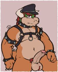 anthro balls body_hair bowser bracelet clothing collar genitals hairy_balls harness hat headgear headwear humanoid_genitalia humanoid_penis jewelry koopa leather leather_daddy leather_harness leather_hat leather_headgear leather_headwear male male_only mario_(series) musclegut muscular nintendo overweight overweight_male penis poorsal pubes scalie solo spiked_bracelet spiked_collar spiked_tail spikes spikes_(anatomy) tail