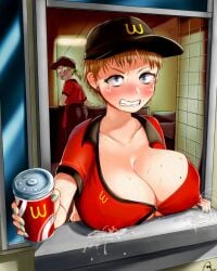 2girls cap crying_with_eyes_open delivery_employee delivery_girl fast_food lactating lactation