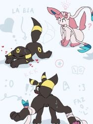 ass black_body canid canine duo eeveelution female generation_2_pokemon generation_6_pokemon genital_focus hi_res looking_at_viewer nintendo nude paws pokémon_(species) pokemon pokemon_(species) portuguese_text pussy pussy_focus ribbons ribbons_(anatomy) simple_background smile sweat sylveon tail text umbreon white_body