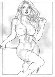 black_and_white bottomless bottomless_female emma_frost hellfire_club joe_lima marvel marvel_comics no_panties traditional_media traditional_media_(artwork) undressing white_queen x-men