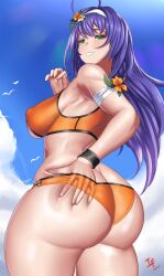 1girls ahoge alternate_ass_size alternate_breast_size alternate_costume arcedo armpits ass ass_focus ass_grab bare_arms bare_thighs big_ass big_breasts bikini breasts butt_crack color covered_nipples day deep_skin female female_only fire_emblem fire_emblem:_path_of_radiance fire_emblem:_radiant_dawn fire_emblem_heroes flower from_below green_eyes grin hair_flower hand_under_clothes headband large_ass large_breasts long_hair looking_at_viewer looking_back looking_down mia_(fire_emblem) mia_(summer)_(fire_emblem) nintendo official_alternate_costume orange_bikini orange_swimsuit outdoors purple_hair skindentation smile solo swimsuit teasing thick_thighs thighs very_long_hair wide_hips