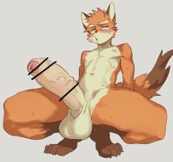 absurd_res anthro balls big_penis biped blush blush_lines bodily_fluids canid canine censor_bar censored censored_genitalia censored_penis countershade_fur countershade_torso countershading dipstick_tail erection eyebrows foreskin fox fur genital_fluids genitals glans hi_res humanoid_genitalia humanoid_penis kemono male mammal markings orange_body orange_fur penis precum solo tail tail_markings tarobandit uncircumcised vein veiny_penis