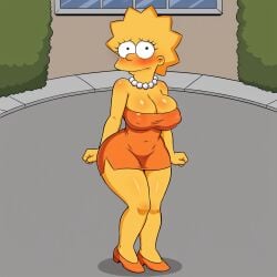 ai_generated arms_at_sides bare_arms bare_legs blush cleavage covered_erect_nipples embarrassed full_body high_heels large_breasts lisa_simpson orange_dress pearl_necklace short_dress shortstack skindentation sleeveless spiky_hair taut_clothes the_simpsons thick_thighs wide_hips yellow_skin zakvar