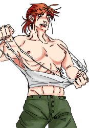 abs beefy beefy_girl blood bloody_nose evanmeshi female ginger ginger_hair girl_only green_eyes messy_hair muscles muscular muscular_female no_visible_genitalia only_female pants pants_on ponytail red_hair ripping_clothing ripping_shirt smile tied_hair white_skin