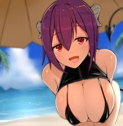 bare_shoulders beach big_breasts breasts eyebrows_visible_through_hair horn katsuten looking_at_viewer open_mouth purple_hair succubus tail