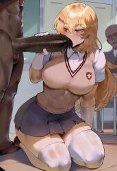 1boy 1girls 2boys ai_generated big_ass big_breasts big_penis blonde_hair dark-skinned_male fellatio gloves handjob holding_penis huge_breasts huge_cock interracial kneeling legwear school_uniform shokuhou_misaki thiccwithaq_(ai_style) thick_thighs to_aru_kagaku_no_railgun to_aru_majutsu_no_index tokiwadai_school_uniform yellow_eyes