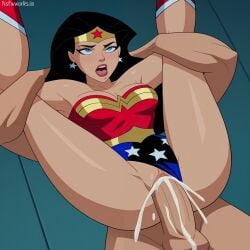 1boy 1girls 2d accurate_art_style ahe_gao ai_generated armpit armpits black_hair cartoon cum cum_in_pussy cum_inside cumming dc dc_comics dcau diana_prince ejaculation female_focus full_nelson full_nelson_(legs_held) full_nelson_vaginal heroine justice_league_unlimited nsfwworks.ia open_mouth penetration penis pussy rape sex superheroine vaginal_penetration wonder_woman wonder_woman_(justice_league) wonder_woman_(series)