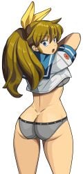 absurdres ass blue_eyes bow bra brown_eyes butt_crack clothes_lift cowboy_shot crotch_seam derivative_work female from_behind grey_bra grey_panties hair_between_eyes hairbow highres lifting_own_clothes long_hair looking_back m.u.g.e.n mugen_ryuko no_pants oggy_(oggyoggy) open_mouth original panties ponytail ryukoredraw school_uniform screenshot_redraw serafuku shirt shirt_lift solo sports_bra teeth transparent_background underwear undressing upper_teeth_only yellow_bow