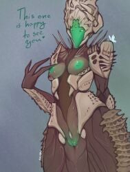 1girls 3_eyes 3_fingers alien alien_girl areolae armor breasts bungie chitin destiny_(game) destiny_2 female green_eyes green_nipples green_pussy hive_(destiny) hive_guardian hive_wizard luzaku nipples pussy searyn shoulder_armor small_breasts solo solo_female spike spikes text