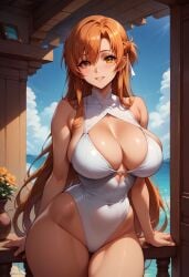 ai-created ai_generated bangs bare_arms bare_shoulders blue_sky blush braid breasts brown_eyes brown_hair casual_one-piece_swimsuit cleavage clothing cloud covered_navel cowboy_shot day earrings female female_only flower fractureai groin hair_ornament highleg highleg_swimsuit jewelry large_breasts long_hair looking_at_viewer one-piece_swimsuit outdoors parted_lips seaside shiny sitting sky smile solo standing swimsuit sword_art_online thighs vase very_long_hair water white_one-piece_swimsuit white_swimsuit yuuki_asuna