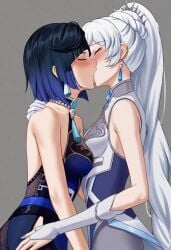 ai_generated crossover crossover_pairing crossover_ship crossover_shipping genshin_impact hands_on_hips holding_partner kissing rwby weiss_schnee yelan_(genshin_impact) yuri