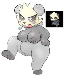 absurd_res anthro areola belly big_breasts black_areola black_body black_ears black_feet black_nose blush breasts cheek_tuft facial_tuft female genitals hands_on_hips hi_res leaf lhacedor looking_at_viewer multicolored_body nintendo one_leg_up pancham pokémon_(species) pokemon puffy_areola pussy raised_leg solo teeth tuft two_tone_body video_games white_body