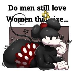 1girls anthro ass big_breasts big_butt black_body black_eyes bottomwear breasts clothing disney do_men_still_love_women_this_size female hat headgear headwear hi_res huge_butt mammal meme minnie_mouse mouse murid murine public_domain rodent shortstack skirt solo thedeathcrow05 thick_thighs