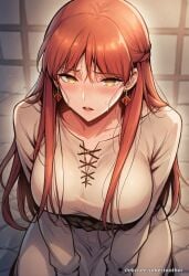 1girls ai_generated amber_eyes blush breathing_heavily doom_breaker fully_clothed leah_testerossa_(smiling_woman) manhwa prison_cell red_hair reincarnation_of_the_suicidal_battle_god sabertoothai tied_hands webtoon