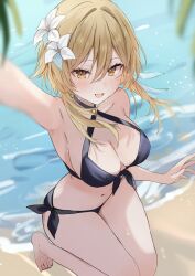 1girls 2d 2d_(artwork) alternate_costume beach bikini bikini_bottom bikini_top black_bikini black_bikini_bottom black_bikini_top black_swimsuit blonde_hair day female female_focus female_only flowers flowers_in_hair front_view genshin_impact high_resolution highres light-skinned_female light_skin looking_at_viewer lumine_(genshin_impact) maruro medium_breasts outdoors sand short_hair slim_girl smiling smiling_at_viewer solo solo_female solo_focus summer swimsuit water white_flowers yellow_eyes young younger_female