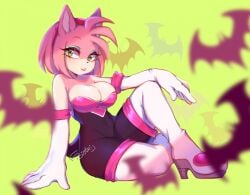 amy_rose amy_the_bat big_breasts biotari bodysuit curvy green_eyes hedgehog_girl neckline pink_hair rouge_the_bat_(cosplay) seductive_pose sonic_(series) spandex_suit