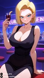 ai_generated android_18 black_dress blonde_hair cleavage covered_nipples cyan_eyes dragon_ball dragon_ball_super dragon_ball_z dress earings glass gumi_arts large_breasts mommy nightclub short_hair sitting smirk stable_diffusion thick_thighs