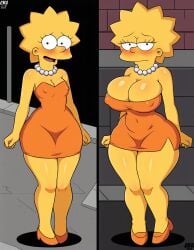 ai_generated arms_at_sides bare_arms bare_legs blush breast_expansion cleavage covered_erect_nipples embarrassed full_body high_heels huge_breasts large_breasts lisa_simpson orange_dress pearl_necklace short_dress shortstack skindentation sleeveless spiky_hair taut_clothes the_simpsons thick_thighs wide_hips yellow_skin zakvar