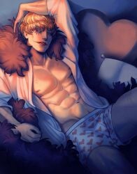 abs arms_up blonde_hair boxers clown_makeup donquixote_rosinante facepaint heart_print lipstick makeup male male_only muscular muscular_male on_back one_piece open_shirt pecs reclining red_lipstick scars solo vogelspinnexiv