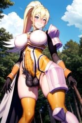 1futa ai_generated armor big_breasts big_penis blonde blonde_futa blonde_hair blue_eyes bulge bulge_through_clothing darkness_(konosuba) futa_only futa_sans_pussy futanari kono_subarashii_sekai_ni_shukufuku_wo! low_res lowres nouserid123 ponytail tights