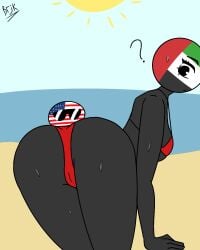 arab arab_female arabian arabian_female ass ass_focus beach beachside black_body black_skin bra breachka confused countryhumans countryhumans_girl panties red_bikini sea seaside united_arab_emirates united_arab_emirates_(countryhumans) united_states_of_america united_states_of_america_(countryballs) united_states_of_america_(countryhumans) water white_male