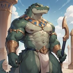 ai_generated anthro bottomwear bulge clothing crocodile crocodilian crocodylid director_homer_26 egypt egyptian egyptian_clothing furry furry_male furry_only hi_res loincloth male male_only muscular muscular_anthro muscular_male palace reptile scalie solo weapon