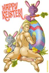 1male ass back back_view blonde_hair blue_eyes carrot class_comics easter easter_egg egg facial_hair flamer_(class_comics) looking_back male male_focus male_only nude patrick_fillion veiny_penis