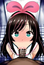 :>= ai_generated cum dark-skinned_male fellatio heart-shaped_pupils interracial kizuna_ai kurotama pubic_hair sweat tiles virtual_youtuber vtuber