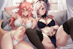 2girls adult animal_ear_fluff animal_ears animal_tail armpits ass belly belly_button black_bra black_choker black_lace black_lace_bra black_lace_panties black_lace_stockings black_legwear black_panties black_stockings black_thighhighs black_underwear blue_bra blue_eyes blue_eyes_female blue_panties blue_underwear blush blush blushing_female bra breasts choker cleavage cleft_of_venus collarbone dot_nose earrings elbows fate/grand_order fate_(series) female female_focus female_only fingers grey_hair grey_hair_female groin groin_tendon hair_between_eyes hair_ornament hair_ornaments half_naked hand_on_another&#039;s_shoulder hand_on_another&#039;s_waist hand_on_crotch hand_on_head hand_on_own_crotch hand_on_own_head hand_on_shoulder hand_on_waist high_resolution highres hourglass_figure knees lace_bra lace_panties lace_thighhighs lace_underwear laced_bra laced_panties laced_underwear large_breasts legs legs_apart legs_spread light-skinned_female light_skin lips long_hair looking_at_viewer miyamoto_musashi_(fate) multiple_females multiple_girls naked naked_female navel nude nude_female panties parted_bangs pink_hair pink_hair_female ponytail pussy short_hair short_ponytail shoulders simple_background sitting slender_body slender_waist slim_girl slim_waist smile smiling smiling_at_viewer sofa spread_legs string_bra string_panties tamamo_no_mae_(fate) thick_ass thick_thighs thighs thin_waist underboob underwear upper_body v-line white_background white_bra white_choker white_panties white_sofa white_underwear wide_hips xkzan yellow_eyes yellow_eyes_female