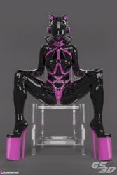 1girls 2022 3d alternate_version_available black_body black_bodysuit black_skin bodysuit cat_ear_headphones chair clothed clothing drone dronification female female_only front_view gas_mask glass_chair grey_background gs3d hexcorp hypnosis mask pink_straps platform_heels purple_straps seated shiny_clothes sitting slushe_(website) solid_color_background solo solo_female spread_legs straps