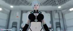 1girls 2021 3d back_view clone depth_of_field female female_only grey_hair indoors lm3d nyx_vixen_(lm3d) original_character sci-fi science_fiction short_hair slushe_(website) solo solo_female standing white_hair