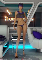 1girls 2020 3d asian asian_female black_hair dyed_hair female female_only futuristic_clothing hand_on_hip indoors large_breasts lipstick lm3d looking_at_viewer original_character purple_hair red_lipstick sally_(lm3d) sci-fi science_fiction slushe_(website) smile solo solo_female standing two-tone_hair