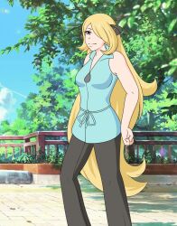 1girls animated anime anime_style blonde blonde_female blonde_hair blonde_hair_female blue_blouse blue_shirt cynthia_(pokemon) eye_covered female gif girl grey_eyes hair_over_one_eye long_hair marioa13 mature mature_female one_eye_covered panties pokemon pokemon_dppt pokemon_dppt_(anime) purple_panties safe safe_for_work sfw wedgie