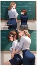 2futas age_difference ai_generated big_ass big_breasts breasts brown_hair charv classroom female from_behind futa_on_futa futa_only futadom futanari intersex school_uniform size_difference