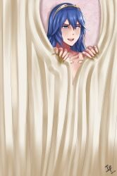 1girls arcedo bare_shoulders blue_eyes blue_hair caught collarbone completely_nude curtains female female_only fire_emblem fire_emblem_awakening hair_between_eyes heart hearts_around_head hiding implied_sex long_hair looking_pleasured lucina_(fire_emblem) nervous nervous_smile nintendo nude nude_female open_mouth shoulders solo stealth_sex symbol-shaped_pupils tiara trembling