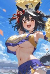 ai_generated animal_ears animal_tail black_hair breasts cheerleader cheerleader_outfit female hair_ornament horse_girl kitasan_black_(umamusume) red_eyes two_tone_hair umamusume umamusume_pretty_derby underboob