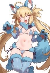 1girls :d ahoge animal_ears artoria_pendragon artoria_pendragon_(caster) bikini blonde_hair blush breasts cameltoe closed_eyes cute_fang ebora elbow_gloves eyes_closed fake_animal_ears fate/grand_order fate_(series) female gloves light-skinned_female light_skin long_hair medium_breasts micro_bikini navel paw_gloves petite smile solo thighhighs twintails white_background youngmanisdown