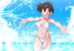 1girls bikini bikini_bottom bikini_top black_hair blue_eyes blush breasts clothing dragon_ball dragon_ball_z female female_focus female_only muscular_thighs navel nipple_bulge nipples one_eye_closed open_mouth rom short_hair shounen_jump slim_waist small_breast spiky_hair stomach swimming_costume swimsuit swimwear teenager teeth tongue videl wide_hips wide_thighs