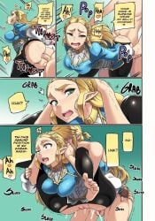 1boy 1girls anal anal_sex anus big_ass big_butt blonde_hair breath_of_the_wild bubble_butt buttsex clothed_female_nude_male clothed_sex comic english_text feet female full_nelson full_nelson_(legs_held) full_nelson_anal green_eyes hylian hylian_ears light-skinned_female light-skinned_male light_skin link link_(breath_of_the_wild) male motorcycle_position nintendo no_panties nuezou princess_zelda ripped_clothing sex speech_bubble text the_legend_of_zelda torn_clothes torn_pants zelda_(breath_of_the_wild)