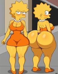 ai_generated angry arms_at_sides bare_arms bare_legs blush cleavage covered_erect_nipples embarrassed full_body gigantic_ass high_heels huge_ass large_breasts lisa_simpson orange_dress pearl_necklace short_dress shortstack sideboob skindentation sleeveless spiky_hair taut_clothes the_simpsons thick_thighs wide_hips yellow_skin zakvar