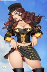 1girls ass_visible_through_thighs bare_legs bare_midriff bare_thighs black_choker black_footwear black_hat black_jacket black_skirt boots breasts brown_hair choker cleavage clothes_lift cloud collarbone didi_esmeralda dorothea_arnault earrings female fire_emblem fire_emblem:_three_houses garreg_mach_monastery_uniform green_eyes grey_panties hat highres jacket jewelry juliet_sleeves large_breasts lifted_by_self lips long_hair long_sleeves looking_at_viewer midriff nintendo panties parted_lips presenting puffy_sleeves skindentation skirt skirt_lift sky solo thick_lips thick_thighs thigh_boots thighs underwear upskirt web_address wide_hips