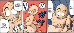 1boy 1boy1girl 1girls bald bald_man black_eyes bulma_briefs bulma_briefs_(frieza_saga) clenched_teeth comic_panel completely_nude_male doggy_style doggy_style_position doujinshi dragon_ball dragon_ball_z english_text fan_colored female forehead_markings hugging_legs krillin kuririn leg_lock leg_wrap legs_wrapped_around_partner male moaning muscular muscular_male naked naked_male nude nude_male ogata_satomi older_female older_woman_and_younger_boy open_eyes panting red_background sex sex_from_behind size_difference spacecraft spaceship spread_legs vaginal_penetration wrapping younger_male