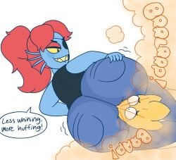 2girls alphys anthro ass bubble_butt clothes clothing drawful-s fart farting_in_face fish_girl head scalie scissor text undertale undyne yuri