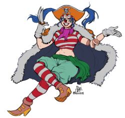 1girls akuma_no_mi al3s ascot big_breasts blue_hair breasts buggy_the_clown cape clown clown_girl clown_makeup clown_nose female female_only full_body fully_clothed genderswap_(mtf) grin long_hair looking_at_viewer one_piece pirate pirate_hat rule_63 shounen_jump smile solo striped_legwear twintails weapon white_background