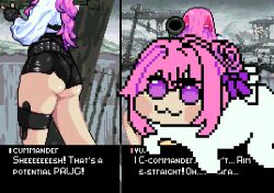 april_fools baldur_89 black_legwear cowgirl_position dialogue dorothy_(nikke) goddess_of_victory:_nikke meme pink_hair pixel_art ripped_clothing shirt shorts yuni_(nikke)