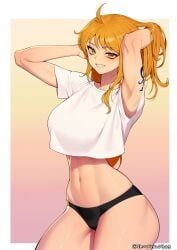 1girls bare_arms bare_legs bare_shoulders bare_thighs big_breasts blush clothed clothing color female female_focus female_only hi_res large_breasts light-skinned_female light_skin long_hair looking_at_viewer nami nami_(one_piece) one_piece orange_eyes orange_hair panties post-timeskip shounen_jump shouroro solo solo_female tagme tattoo thick_thighs