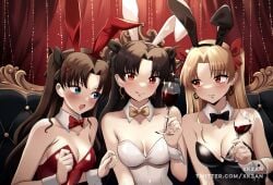 3girls angry bare_arms bare_shoulders bare_skin belly black_bow black_bunny_ears black_bunnysuit black_hair black_hair_female black_hair_ribbon black_ribbon blonde_eyebrows blonde_female blonde_hair blonde_hair_female blue_eyes blue_eyes_female blush blush_lines blushing_female bow bowtie breasts brown_eyebrows brown_hair brown_hair_female bunny_ears bunny_girl bunnysuit cleavage collar collarbone curtains dot_nose earrings elbows embarrassed embarrassed_female ereshkigal_(fate) exposed exposed_arms exposed_belly exposed_shoulders eyebrows_visible_through_hair fate/grand_order fate_(series) female female_focus female_only fingernails fingers hair_ribbon hand_up head_tilt high_resolution highres ishtar_(fate) light-skinned_female light_skin long_hair looking_at_viewer medium_breasts multiple_females multiple_girls naked naked_female open_mouth parted_bangs red_bowtie red_bunny_ears red_bunnysuit red_curtains red_eyes red_eyes_female red_hair_ribbon red_ribbon ribbon shoulders sideboob sitting skinny skinny_female skinny_girl skinny_waist slender_body slender_waist slim_girl slim_waist smile smiling smiling_at_viewer sofa sweat sweatdrop thin_waist tilted_head tohsaka_rin tongue tongue_out twintails twintails_(hairstyle) underboob upper_body white_bunny_ears white_bunnysuit white_collar white_wrist_cuffs wine wine_glass wristcuffs xkzan yellow_bow yellow_bowtie